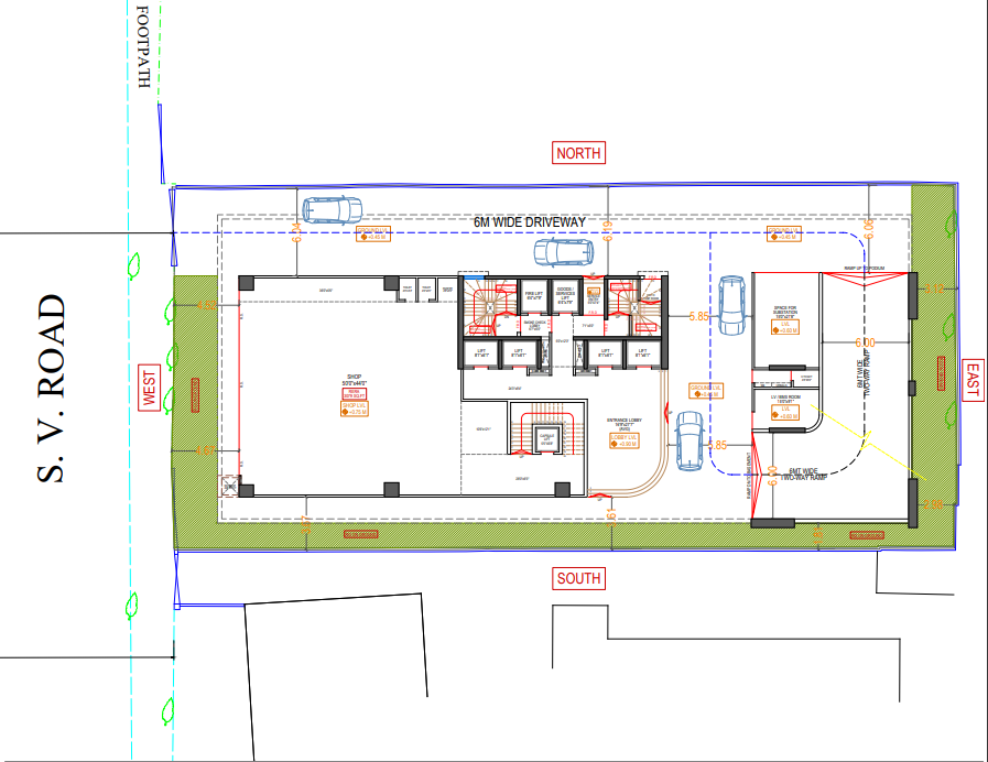 Driveway and service floor plan with vehicle movement paths, shop area, lift lobby, and ramp access at DPS CAPITAL GOREGAON WEST - COMMERCIAL OFFICE SPACES IN GOREGAON WEST