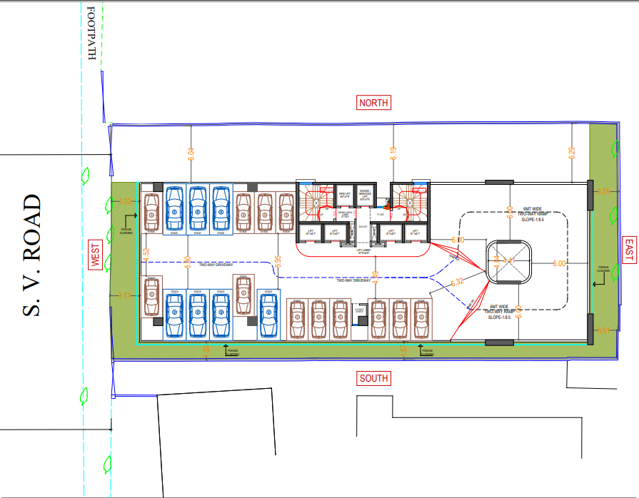 Basement parking floor plan with car slots, driveways, ramps, lift core, and circulation layout at DPS CAPITAL GOREGAON WEST - COMMERCIAL OFFICE SPACES IN GOREGAON WEST