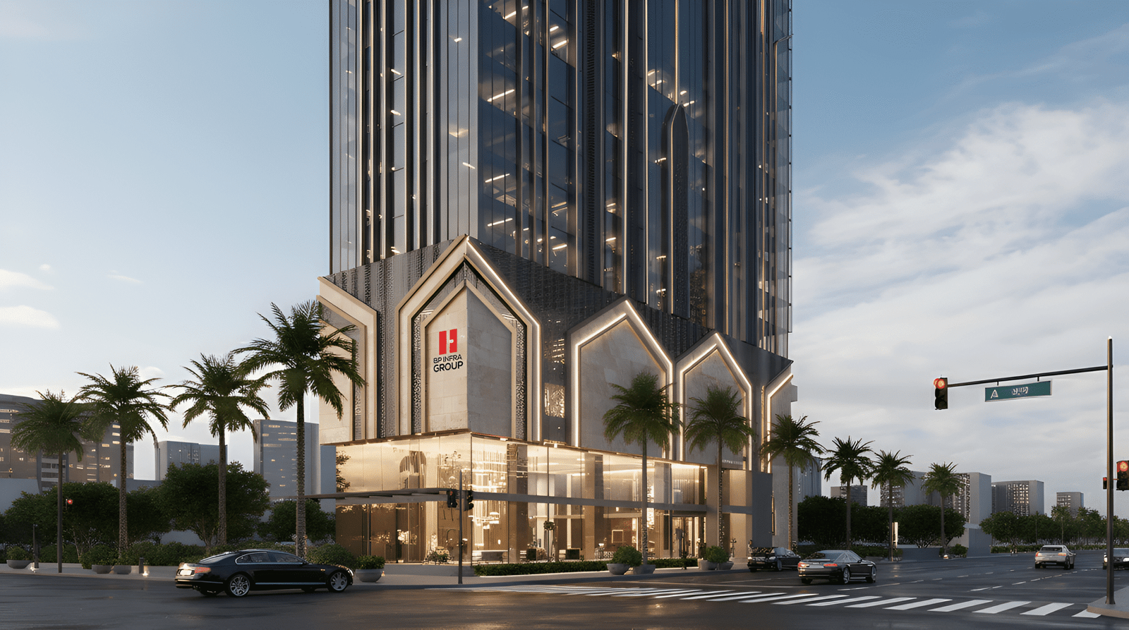 Street-level view of glass tower base with illuminated edges, retail frontage, and palm-lined roads at DPS CAPITAL GOREGAON WEST - COMMERCIAL OFFICE SPACES IN GOREGAON WEST