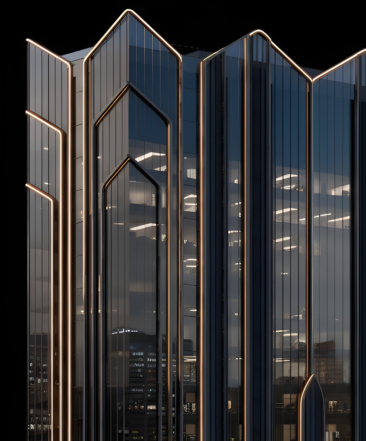 Glass façade tower with vertical lines, reflective panels, and golden edge lighting at DPS CAPITAL GOREGAON WEST - COMMERCIAL OFFICE SPACES IN GOREGAON WEST