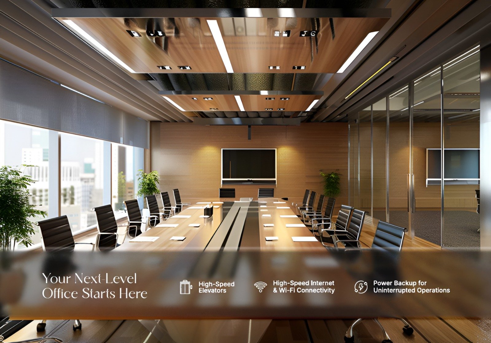 Modern conference room with long table, executive chairs, glass walls, ceiling lights, and smart screen at DPS CAPITAL GOREGAON WEST - COMMERCIAL OFFICE SPACES IN GOREGAON WEST