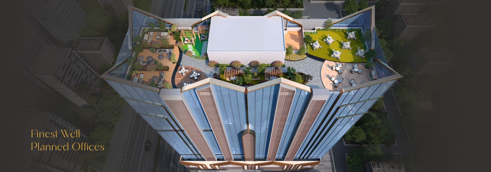 Rooftop view with landscaped gardens, seating zones, activity areas, and glass-edge design at DPS CAPITAL GOREGAON WEST - COMMERCIAL OFFICE SPACES IN GOREGAON WEST