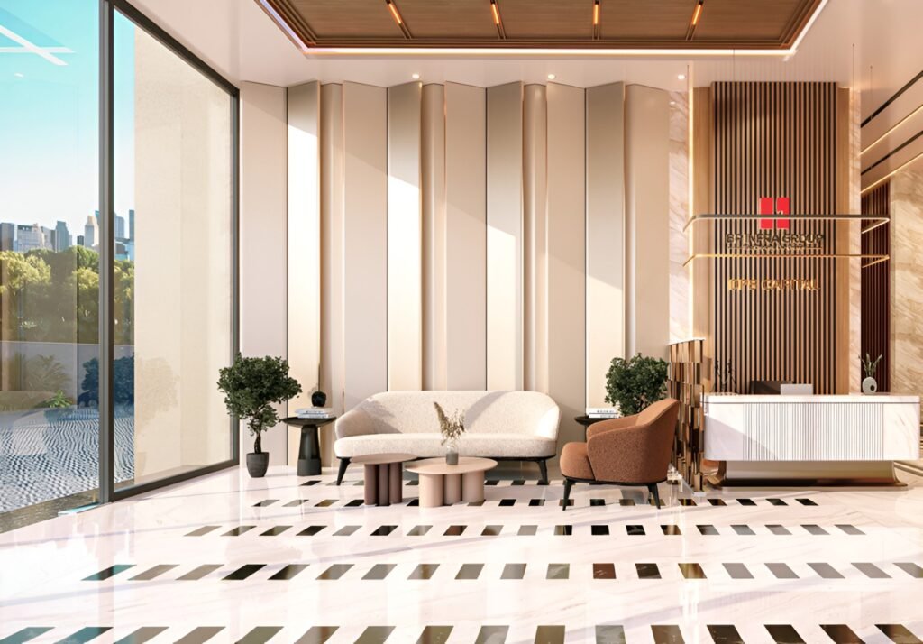 Modern office lobby with premium seating, marble flooring, warm lighting, and elegant reception design at DPS CAPITAL GOREGAON WEST - COMMERCIAL OFFICE SPACES IN GOREGAON WEST