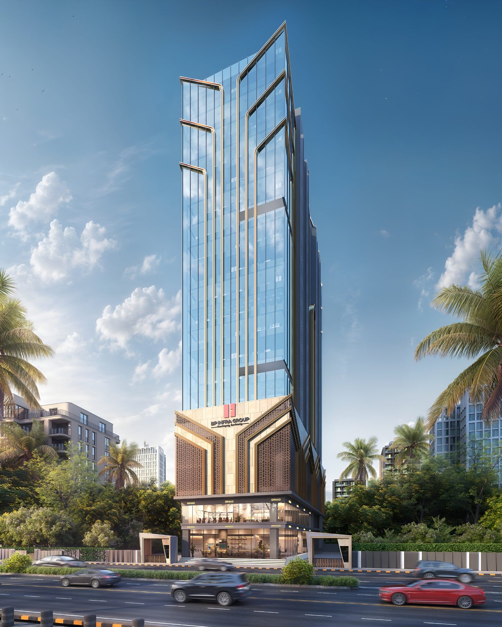 Tall glass office tower with modern façade, golden edge lines, and street-level retail at DPS CAPITAL GOREGAON WEST - COMMERCIAL OFFICE SPACES IN GOREGAON WEST