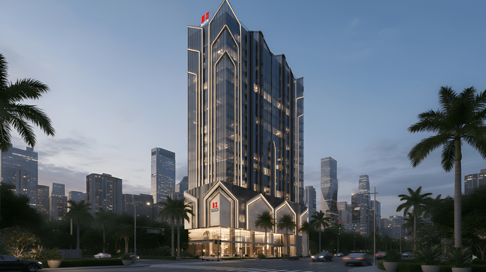 Glass commercial tower with illuminated edges, modern façade, and active street view at DPS CAPITAL GOREGAON WEST - COMMERCIAL OFFICE SPACES IN GOREGAON WEST